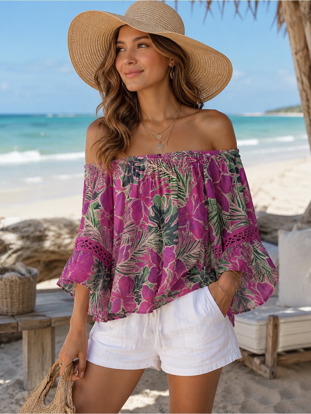 Unique Spectrum Pink & Green Floral Off-Shoulder Tunic